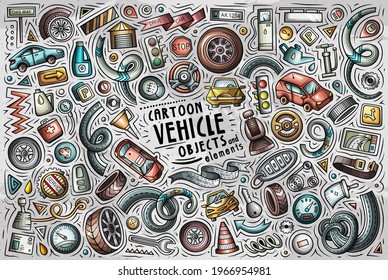 Colorful vector hand drawn doodle cartoon set of Vehicle theme items, objects and symbols