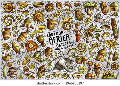 Colorful vector hand drawn doodle cartoon set of Africa theme items, objects and symbols