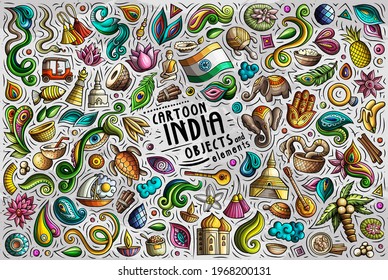 Colorful vector hand drawn doodle cartoon set of India theme items, objects and symbols