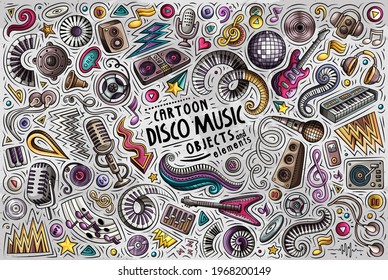Colorful vector hand drawn doodle cartoon set of Disco Music theme items, objects and symbols