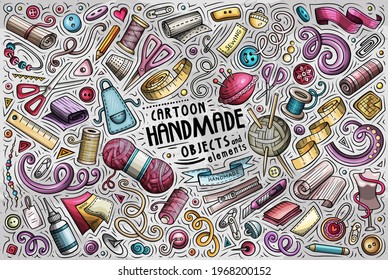 Colorful vector hand drawn doodle cartoon set of handmade theme items, objects and symbols