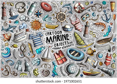 Colorful vector hand drawn doodle cartoon set of Marine theme items, objects and symbols