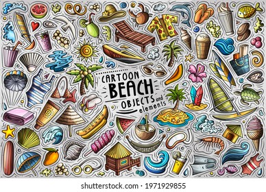 Colorful vector hand drawn doodle cartoon set of Summer beach theme items, objects and symbols