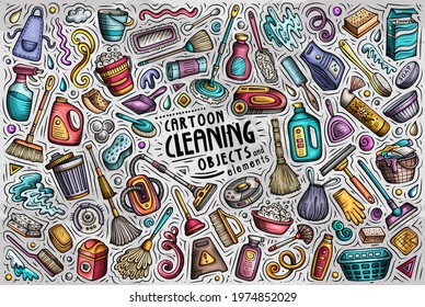 Colorful vector hand drawn doodle cartoon set of Cleaning theme items, objects and symbols