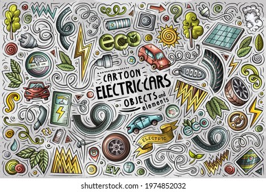 Colorful vector hand drawn doodle cartoon set of Electric cars theme items, objects and symbols