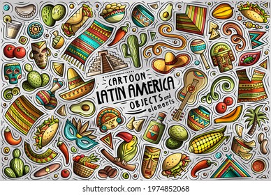 Colorful vector hand drawn doodle cartoon set of Latin American theme items, objects and symbols