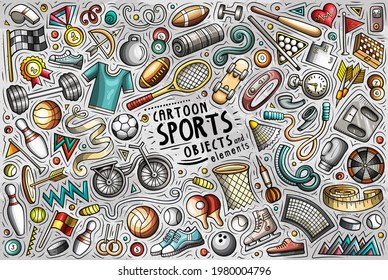 Colorful vector hand drawn doodle cartoon set of Sports theme items, objects and symbols