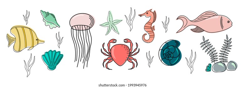 Colorful vector hand drawn doodle cartoon set of marine life theme elements. Vector illustration. Symbols of sea animals