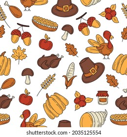 Colorful vector hand drawn doodle cartoon pattern of objects and symbols on the Thanksgiving autumn theme. White background.