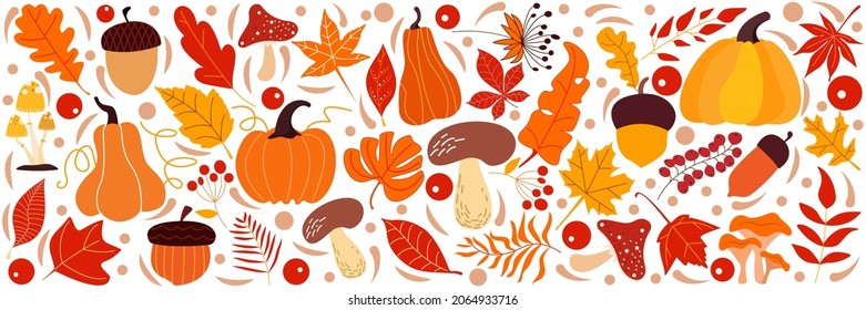 Colorful vector hand drawn Doodle cartoon set of objects and symbols on the Thanksgiving autumn theme