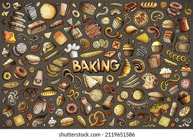 Colorful vector hand drawn doodle cartoon set of bakery theme items, objects and symbols