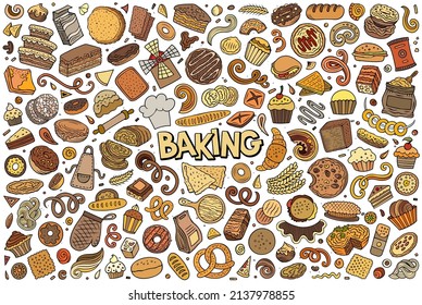 Colorful vector hand drawn doodle cartoon set of bakery theme items, objects and symbols