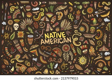 Colorful vector hand drawn doodle cartoon set of Native American theme items, objects and symbols