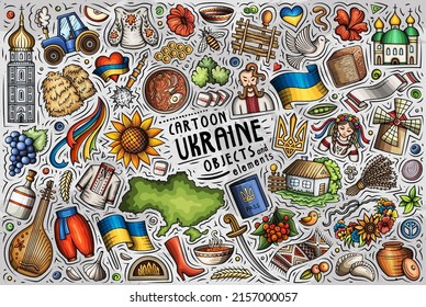Colorful vector hand drawn doodle cartoon set of Ukraine theme items, objects and symbols