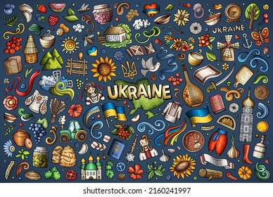 Farbige, handgezeichnete, doodle Cartoon-Set aus der Ukraine Themen, Objekte und Symbole