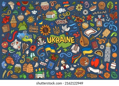Colorful vector hand drawn doodle cartoon set of Ukraine theme items, objects and symbols