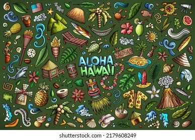 Farbige, handgezeichnete, doodle Cartoon-Set von Hawaii-Themen, Objekten und Symbolen