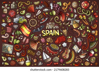 Colorful vector hand drawn doodle cartoon set of Spain theme items, objects and symbols