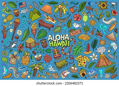 Colorful vector hand drawn doodle cartoon set of Hawaii theme items, objects and symbols