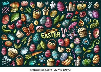 Colorful vector hand drawn doodle cartoon set of Happy Easter theme items, objects and symbols