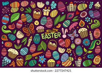 Colorful vector hand drawn doodle cartoon set of Happy Easter theme items, objects and symbols