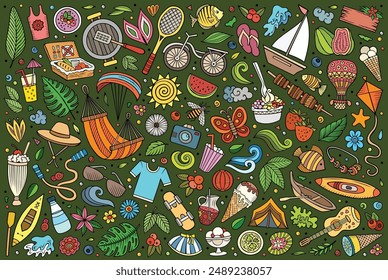Colorful vector hand drawn doodle cartoon set of Summer theme items, objects and symbols