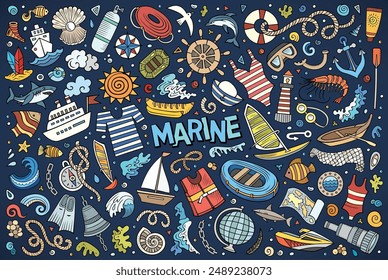 Colorful vector hand drawn doodle cartoon set of Marine theme items, objects and symbols