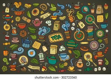 Colorful vector hand drawn Doodle cartoon set of objects and symbols on the tea time theme