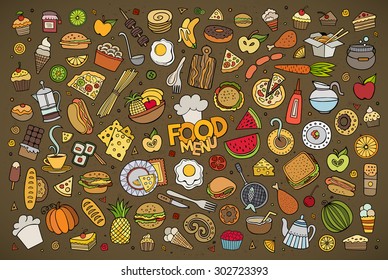 Colorful vector hand drawn Doodle cartoon set of objects and symbols on the food theme