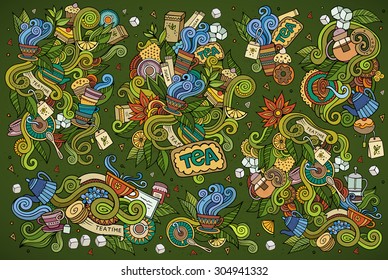 Colorful vector hand drawn Doodle cartoon set of objects and symbols on the tea time theme