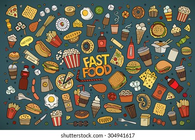 Colorful vector hand drawn Doodle cartoon set of objects and symbols on the fast food theme