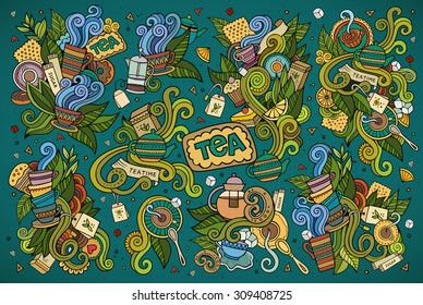 Colorful vector hand drawn Doodle cartoon set of objects and symbols on the tea time theme