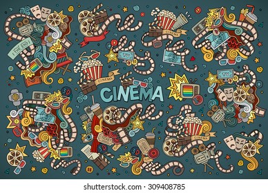 Colorido conjunto de objetos y símbolos sobre el tema del cine dibujado a mano Doodle