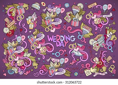 Colorful vector hand drawn Doodle cartoon set of objects and symbols on the wedding theme