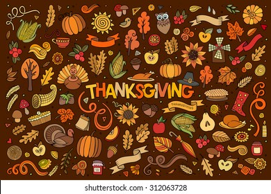 Colorful vector hand drawn Doodle cartoon set of objects and symbols on the Thanksgiving autumn theme