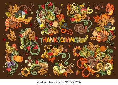 Colorful vector hand drawn Doodle cartoon set of objects and symbols on the Thanksgiving autumn theme