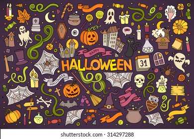 Colorful vector hand drawn Doodle cartoon set of objects and symbols on the Halloween theme