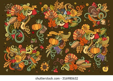 Colorful vector hand drawn Doodle cartoon set of objects and symbols on the Thanksgiving autumn theme