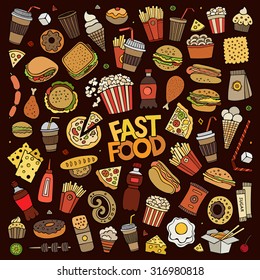 Colorful vector hand drawn Doodle cartoon set of objects and symbols on the fast food theme