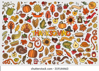 Colorful vector hand drawn Doodle cartoon set of objects and symbols on the Thanksgiving autumn theme