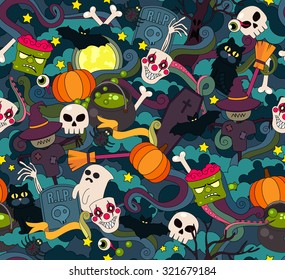 Colorful vector hand drawn Doodle cartoon seamless of objects and symbols on the Halloween theme