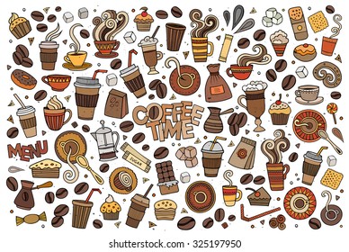 Colorful vector hand drawn Doodle cartoon set of objects and symbols on the coffee time theme