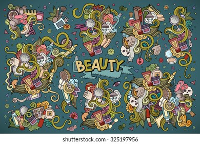 Colorful vector hand drawn doodle cartoon set of objects and symbols on the cosmetic and beauty theme