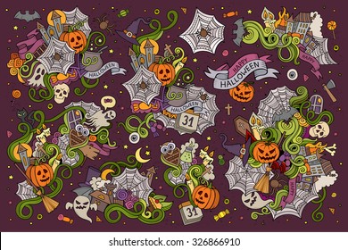 Colorful vector hand drawn Doodle cartoon set of objects and symbols on the Halloween theme