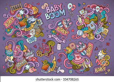 Colorful vector hand drawn Doodle cartoon set of objects and symbols on the baby theme