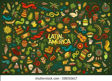 Colorful vector hand drawn Doodle cartoon set of objects and symbols on the Latin America theme