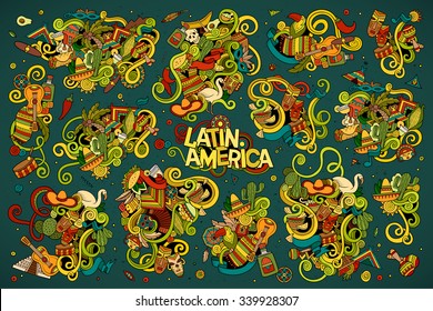 Colorful vector hand drawn Doodle cartoon set of objects and symbols on the Latin America theme