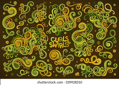 Colorful vector hand drawn Doodle cartoon set of curls and swirls decorative elements