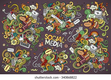 Colorful vector hand drawn Doodle cartoon set of objects and symbols on the Social Media theme