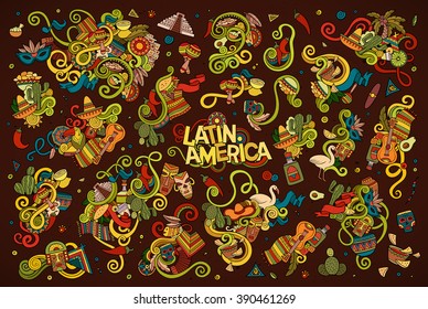 Colorful vector hand drawn Doodle cartoon set of objects and symbols on the Latin America theme